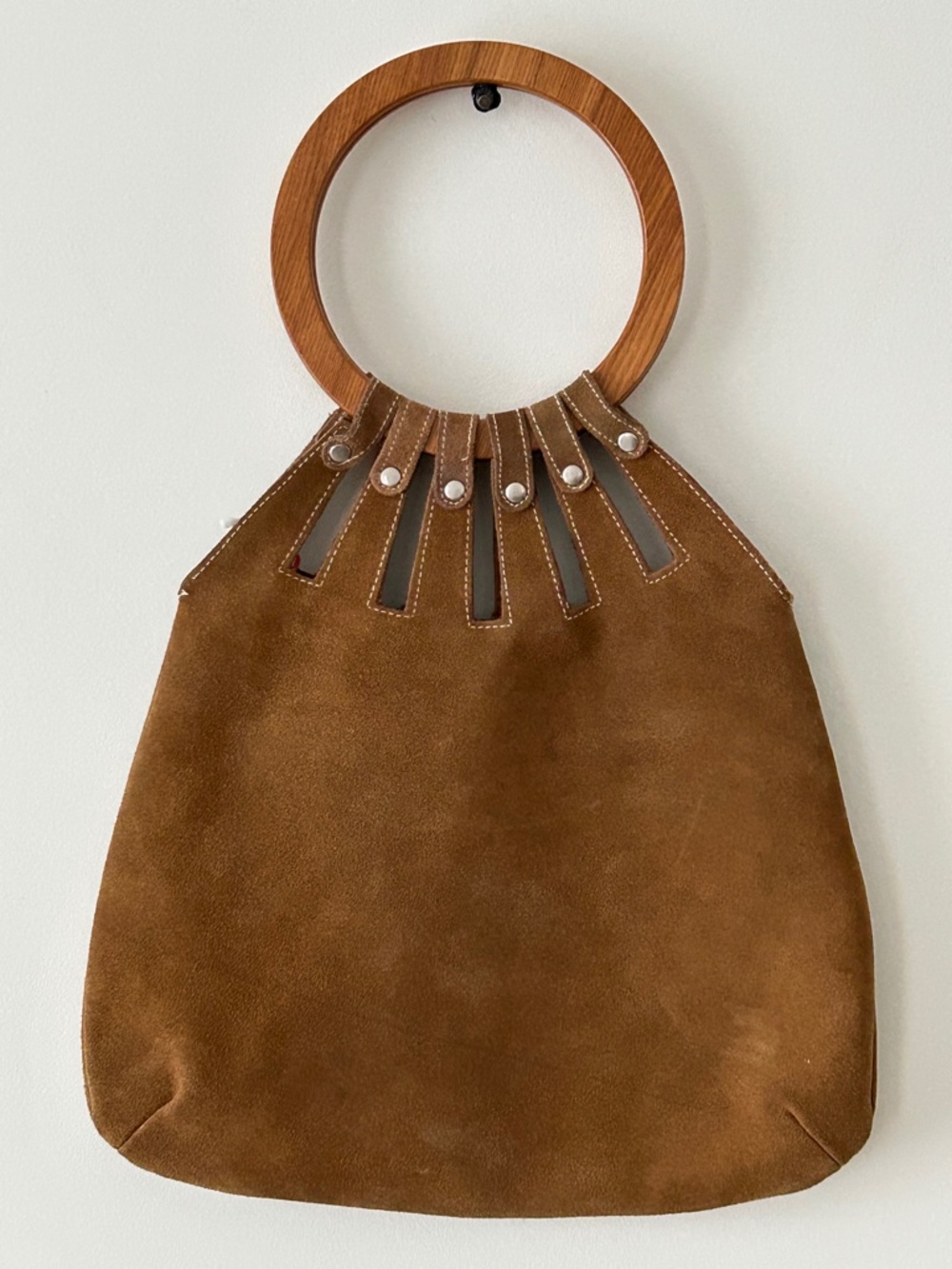 Vintage 100% Leather Brown Suede Wooden Handle Bag